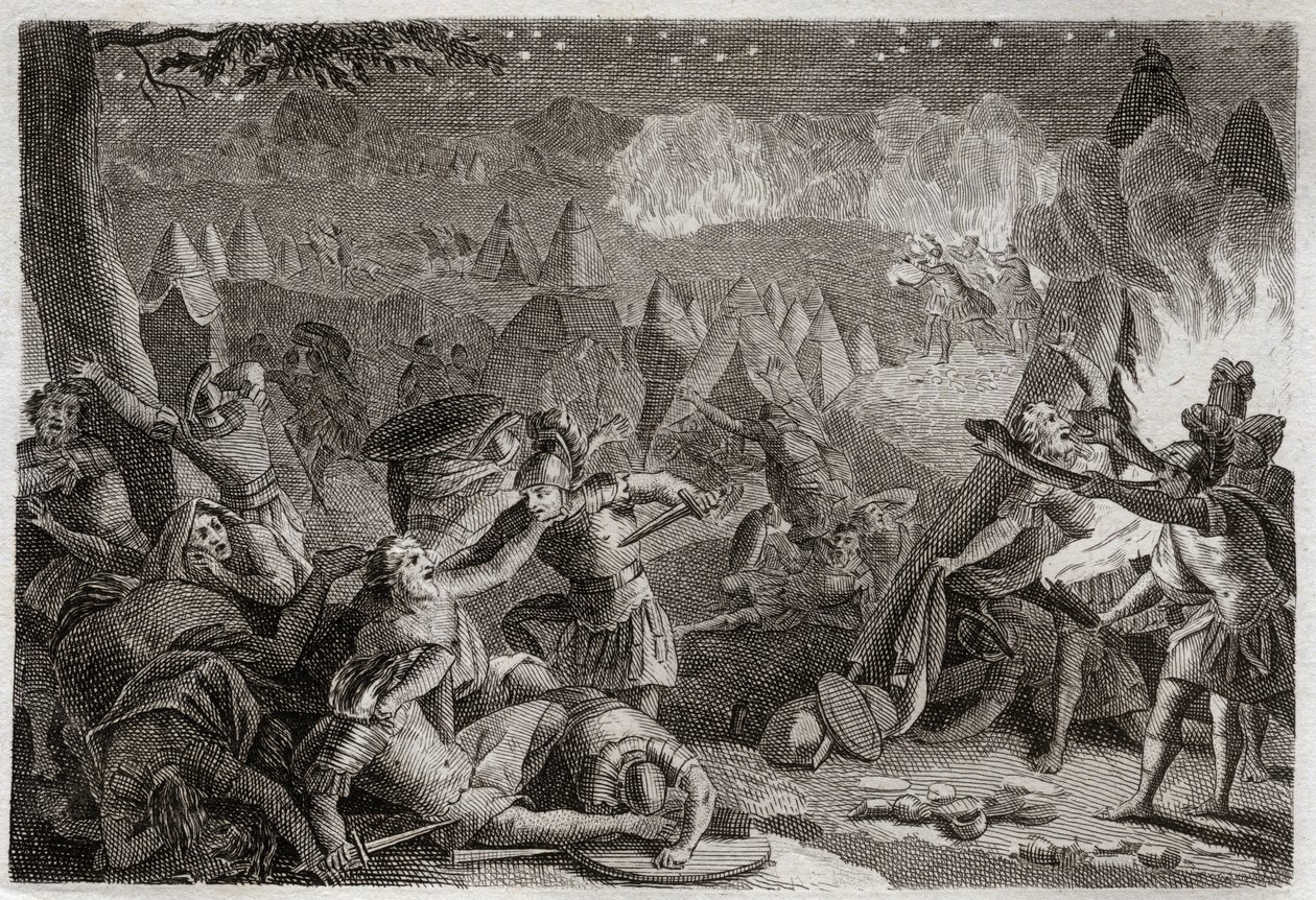 Royaumont Biblia, Ószövetség: A midianiták legyőzése a trombiták hangja és a lámpák fénye által. Illusztráció 1811-ből. alkotó: Unknown artist