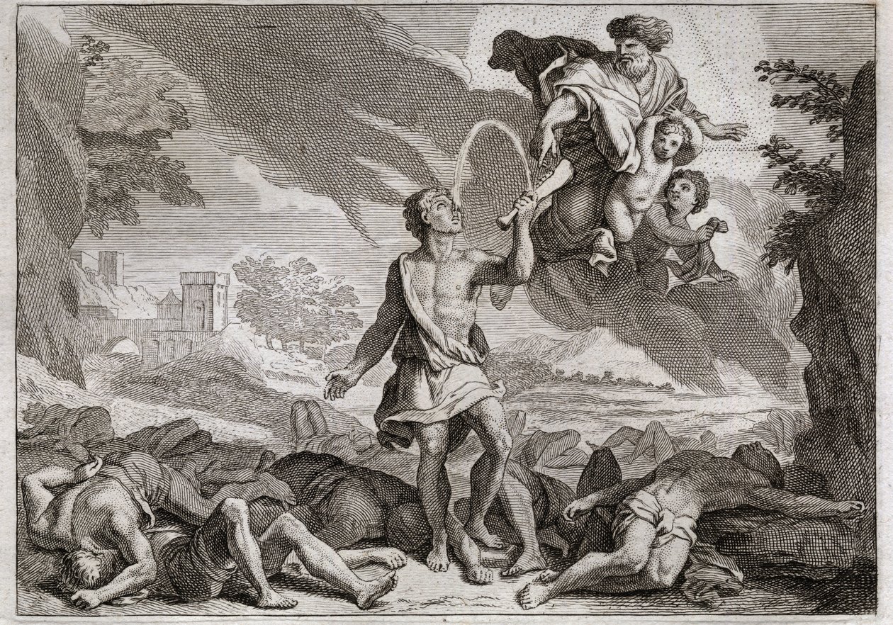 Royaumont Biblia, Ószövetség: A filiszteusok veresége. Sámson ezer filiszteust öl meg szamárpofával. Isten vizet bocsát ki az állkapocsból, hogy Sámson olthassa szomját. Illusztráció 1811-ből. alkotó: Unknown artist