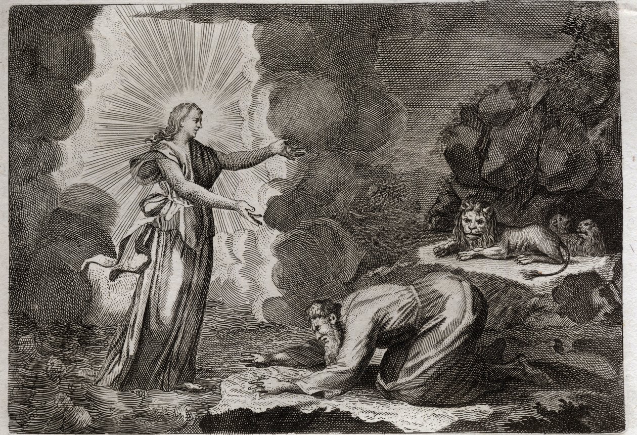 Royaumont Biblia, Ószövetség: Dániel szabadulása. Daniel, az oroszlánok barlangjában, csodálatos módon részeg. Illusztráció 1811-ből. alkotó: Unknown artist