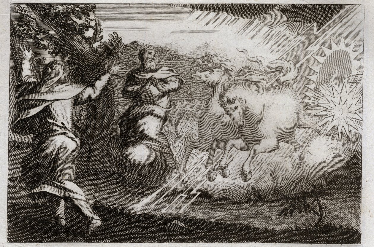 Royaumont Biblia, Ószövetség: Illés gyönyörködik a mennyben. Illést tűzes szekéren viszik a mennybe tanítványa jelenlétében. Elizeus megkapja tőle kettős elméjét: Illés palástjával kettéosztja a Jordán vizét. Illust alkotó: Unknown artist