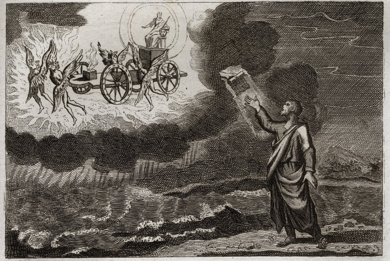 Royaumont Biblia, Ószövetség: Ezékiel próféta. Szent Prófétának volt egy látomása, amikor az Úr megjelent neki egy szekéren, amelyet négy kerubin (tetramorf) vitt. Illusztráció 1811-ből. alkotó: Unknown artist