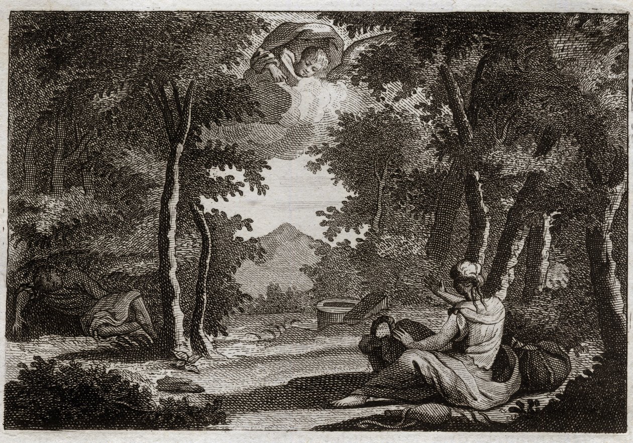 Royaumont Biblia, Ószövetség: Agar menekülése. Agar (Hagar) felemelkedik a mesében, Sara (Sarah) az ő szeretője. Sara komolyan fecsegeti arcátlanságát. Agar nem tudja elszenvedni, és elmenekült a sivatagban lévő házból, vagy egy angyal beszél vele, hogy ho alkotó: Unknown artist