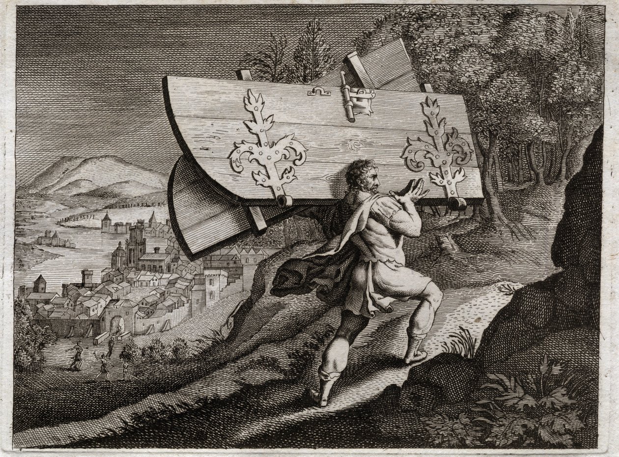 Royaumont bibliája, Ószövetség: Gáza kapui. Sámson, zárd be Gázába, szakítsd ki a városkapukat. Illusztráció 1811-ből. alkotó: Unknown artist