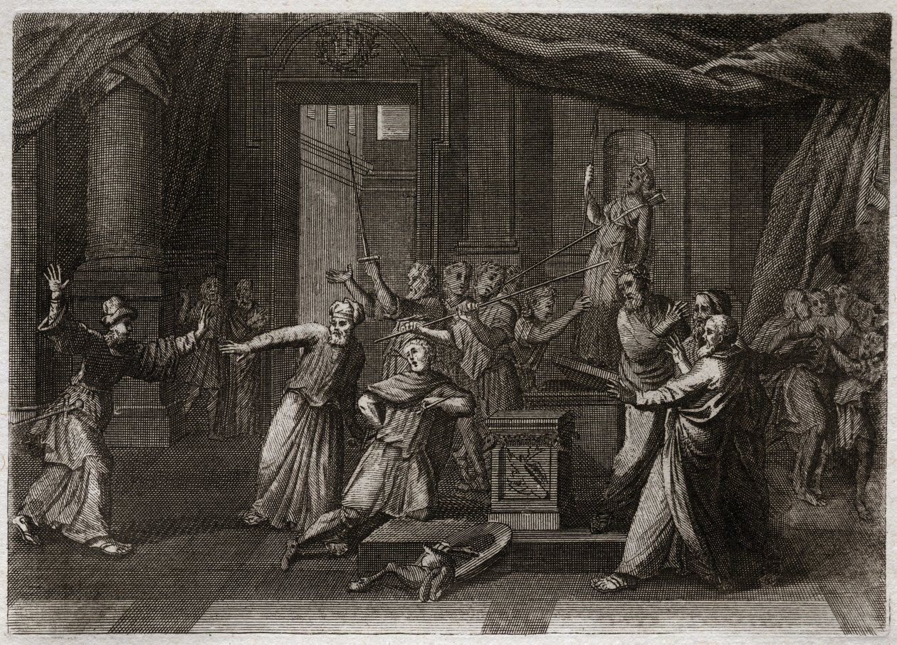 Royaumont Biblia, Ószövetség: Matathias generosite. Mathathias (Mattathias), a Makabeusok (Makkabeusok, Makabeusok) atyja, megöl egy zsidót, aki Isten törvényének szent zeléje által áldozott a bálványoknak. Illusztráció 1811-ből. alkotó: Unknown artist