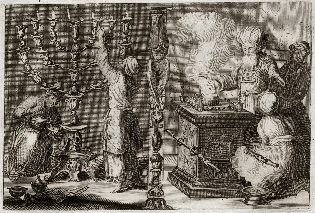 Royaumont Biblia, Ószövetség: Az arany gyertyatartónak hét ága van (menóra vagy menóra) a tabernákulumban. Illusztráció 1811-ből. alkotó: Unknown artist
