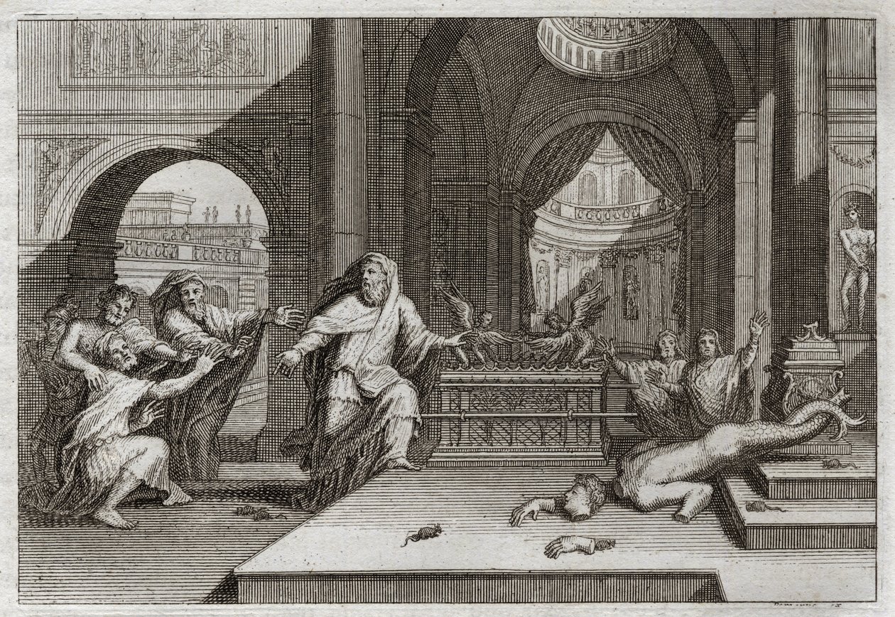 Royaumont Biblia, Ószövetség: Dagon bálványa. És amikor a filiszteusok a frigyládát a templomba helyezték Dágon, az ő Istenük mellé, lerontotta bálványukat, és mindnyájukat megütötte egy nagyon arató csapás, amely arra kényszerítette őket, hogy elküldjék ő alkotó: Unknown artist