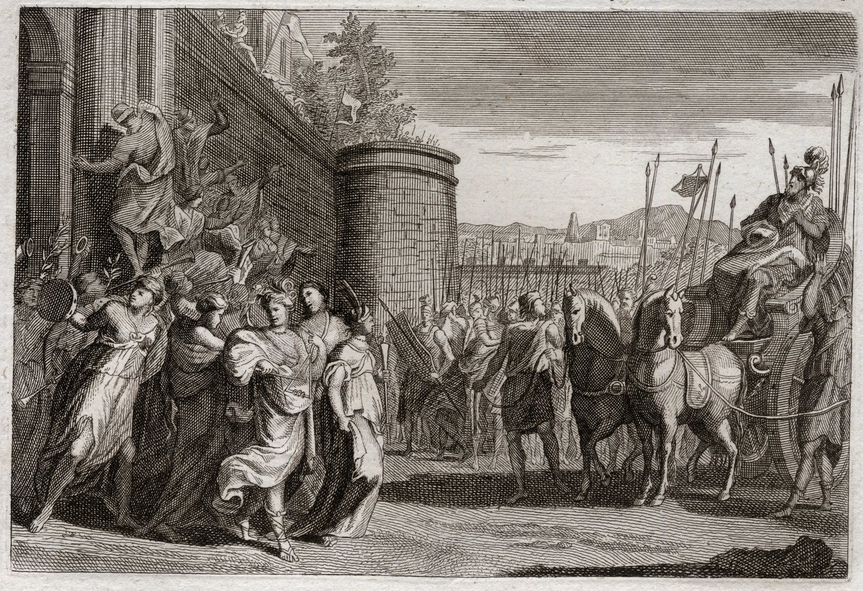 Royaumont Biblia, Ószövetség: Jefte feláldozza a lányát. Jefte, Izrael bíráinak egyike megesküdött, hogy feláldozza Istennek az első embert, aki az ammoniták elleni győzelme után eljön hozzá. A lánya volt. Illusztráció 1811-ből. alkotó: Unknown artist