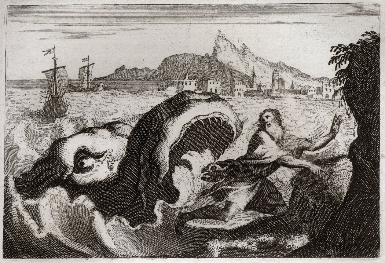 Royaumont Biblia, Ószövetség: Jónás a bálnában. Jonas próféta egy bálnában él, és élve jön ki. Illusztráció 1811-ből. alkotó: Unknown artist