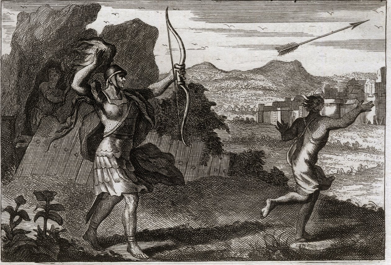 Royaumont Biblia, Ószövetség: Jonathan és David. És amikor Jonathán látta, hogy apja megkeseredett, Saul figyelmeztette őt, hogy vonuljon vissza. Illusztráció 1811-ből. alkotó: Unknown artist