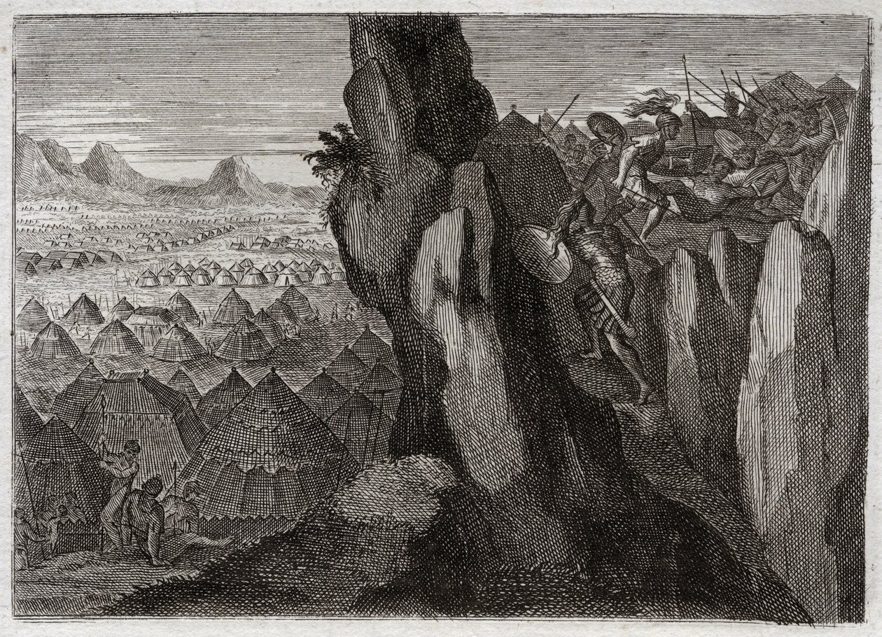 Royaumont Biblia, Ószövetség: Jonathan és Ecuyere. Jonatán, Saul király fia egyedül megy Ecuyerével a filiszteusok táborába, és menekülésre bocsátja őket. Illusztráció 1811-ből. alkotó: Unknown artist