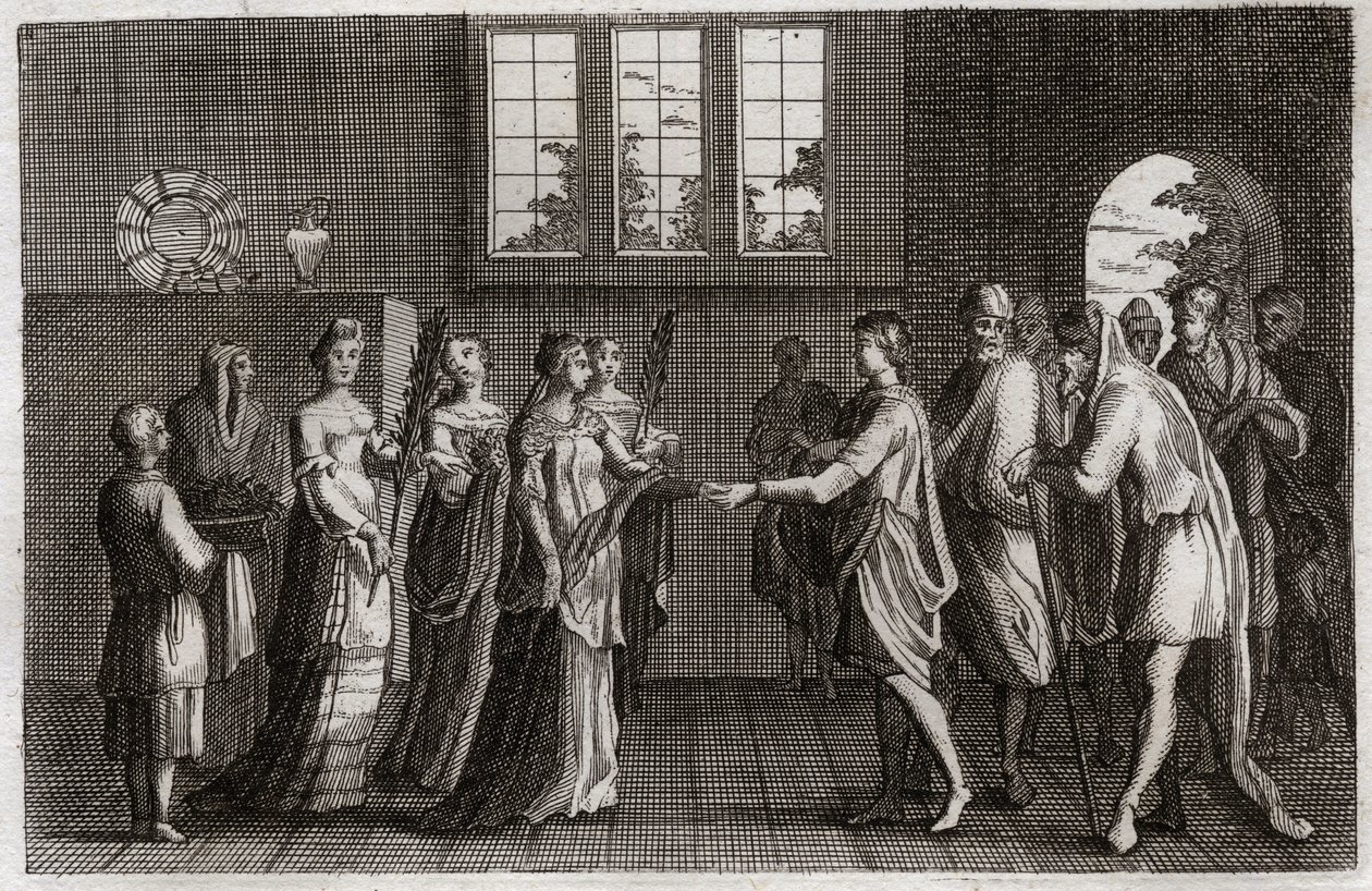 Royaumont Biblia, Ószövetség: Izsák házassága. Izsák, Ábrahám fia feleségül veszi Rebekát. Illusztráció 1811-ből. alkotó: Unknown artist
