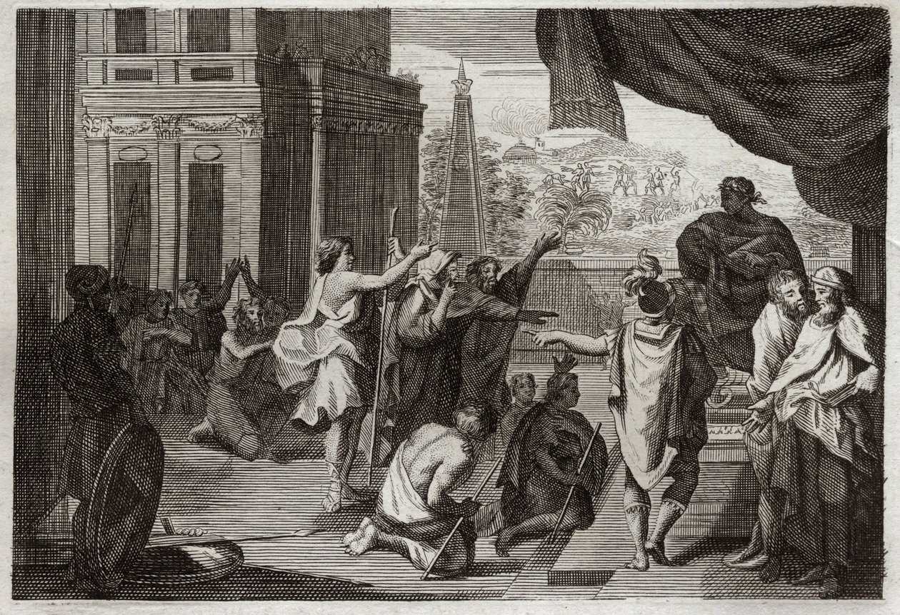 Royaumont Biblia, Ószövetség: Mózes a fáraó előtt. Mózes arra kéri a fáraót, hogy engedje el a hébereket a pusztába áldozni az Úrnak. Illusztráció 1811-ből. alkotó: Unknown artist