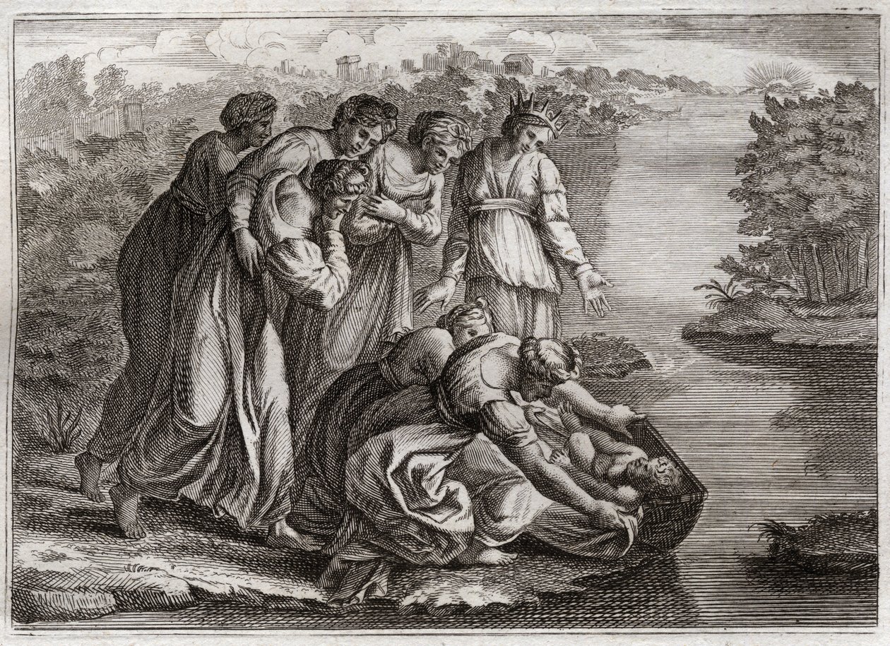 Royaumont Biblia, Ószövetség: Mózes megmenti a vizet. A fáraó lánya kivonta Mózest a Nílus vizéből, és örökbe fogadta fiának. Illusztráció 1811-ből. alkotó: Unknown artist