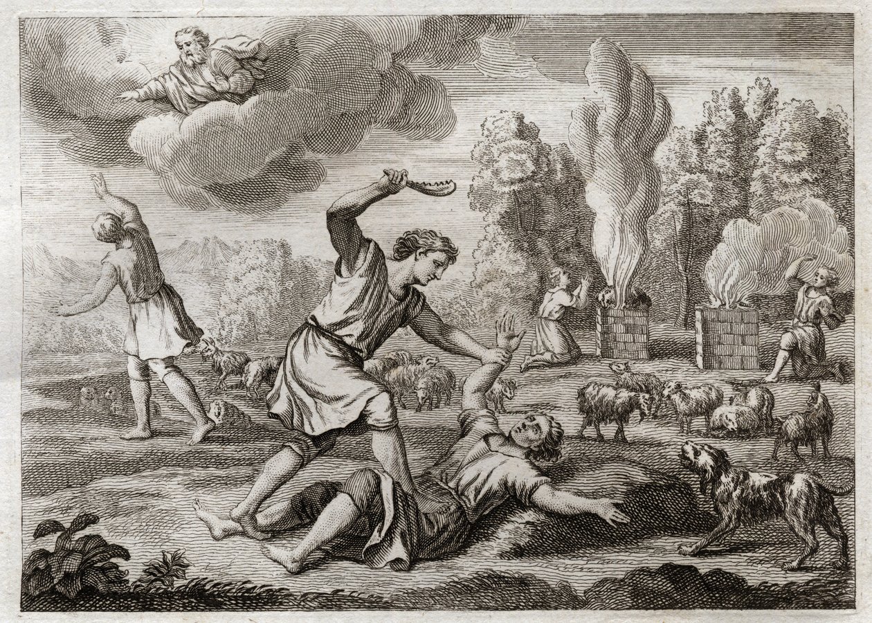 Royaumont Biblia, Ószövetség: Ábel meggyilkolása. Káin irigykedve hordja testvérét Ábel ellen, kiviszi a vidékre, mintha sétálna, és megöli. Illusztráció 1811-ből. alkotó: Unknown artist