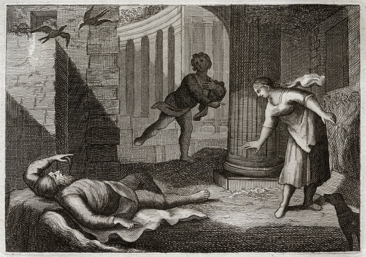 Royaumont Biblia, Ószövetség: Az öreg Tobie szemét veszti. A szent ember, Tobie elveszti látását, és rendkívüli türelemmel szenvedi el ezt a gonoszt. Illusztráció 1811-ből. alkotó: Unknown artist