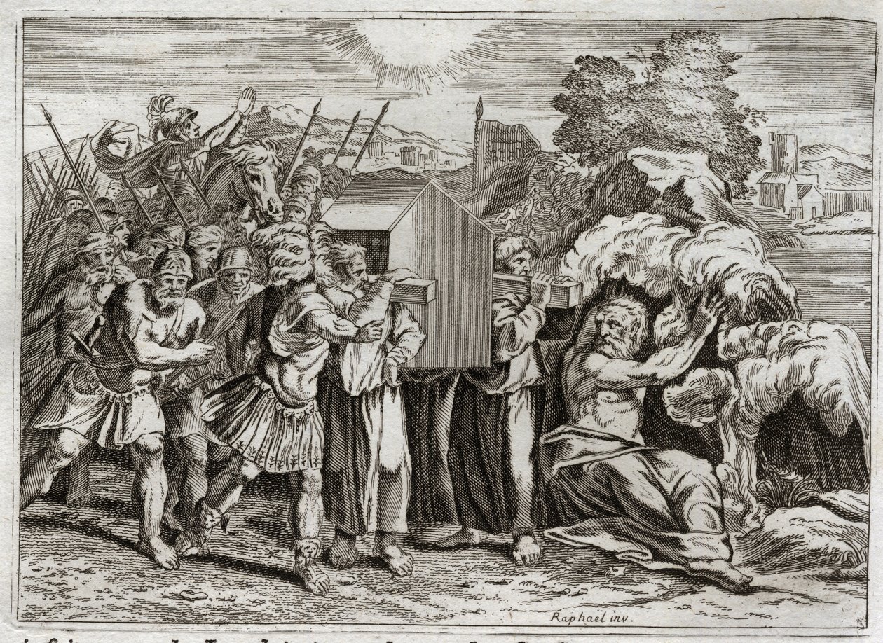 Royaumont Biblia, Ószövetség: A Jordán áthaladása. Józsué elhozza a Jordánt az egész néphez. Ez a folyó kiszárad, és bementek abba a papok, akik a frigyládát hordták; és a vizek felemelkedtek fent, és hegyként függőben maradtak. én alkotó: Unknown artist