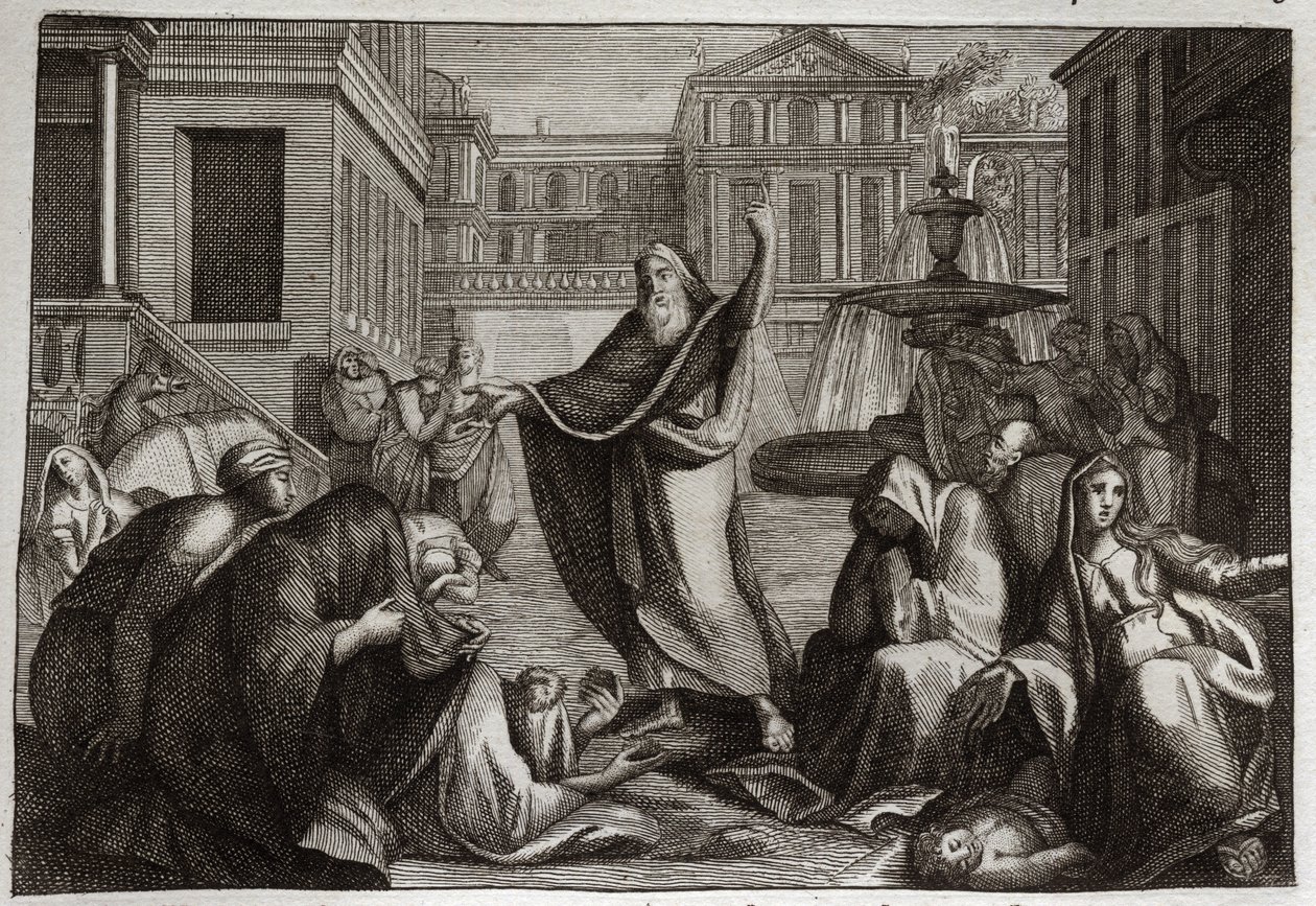 Royaumont Biblia, Ószövetség: A niniviták bűnbánata. Ninive lakói minden bűnbánatot követnek el Szent Jónás próféta igére. Illusztráció 1811-ből. alkotó: Unknown artist