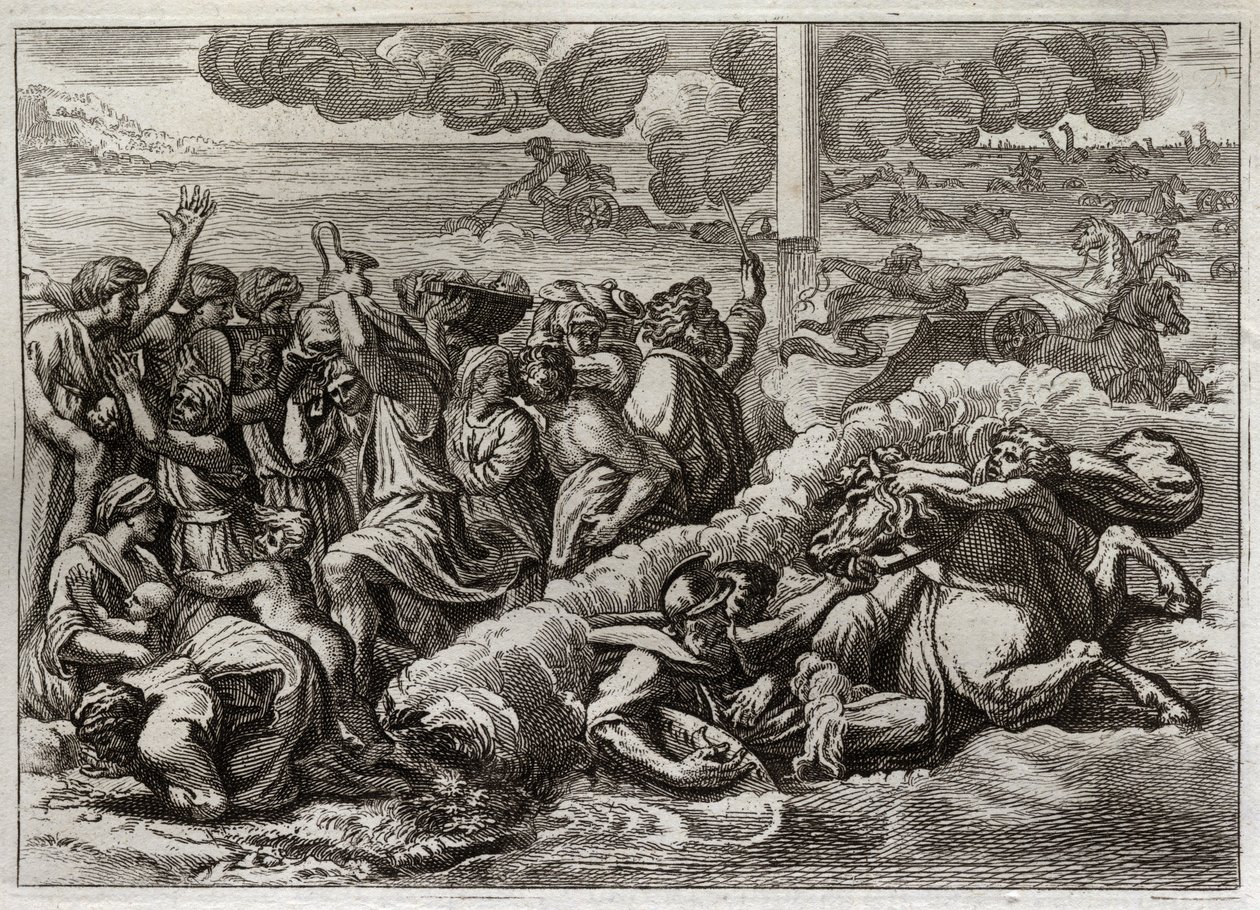 Royaumont Biblia, Ószövetség: A fáraó elmerül a Vörös-tengerben. A Vörös-tenger áthaladása Mózes és a héberek által, megfulladva a fáraó seregét. Illusztráció 1811-ből. alkotó: Unknown artist