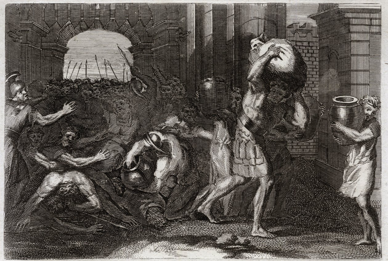 Royaumont Biblia, Ószövetség: Elizeus jóslata. Szamária Ura, aki félrevezette Elizeus szavait, lábai előtt tolong. Illusztráció 1811-ből. alkotó: Unknown artist