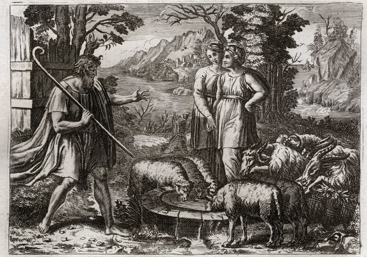 Royaumont Biblia, Ószövetség: Ráhel és Lea. Jákób Lábánt, a nagybátyját szolgálta, hogy feleségül vegye lányát, Ráhelt. Illusztráció 1811-ből. alkotó: Unknown artist