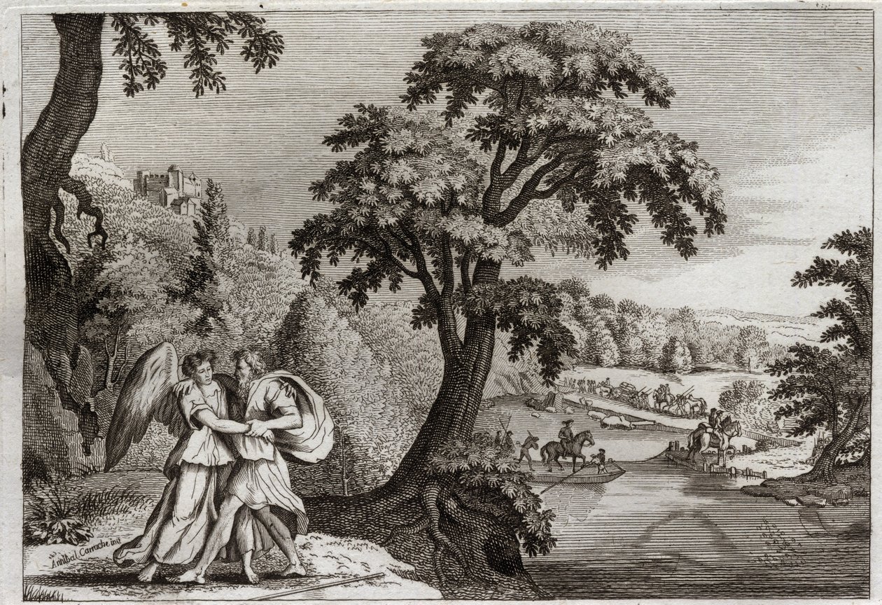 Royaumont Biblia, Ószövetség: Ézsau kibékülése Jákobbal. Jákob bölcsessége Ézsau megpuhítására. Harc az angyallal. Illusztráció 1811-ből. alkotó: Unknown artist