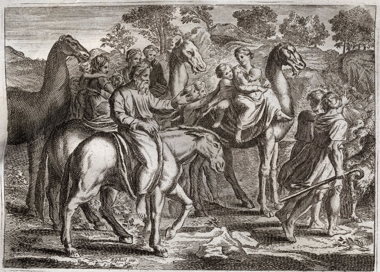 Royaumont Biblia, Ószövetség: Jákob visszatérése. Jákob visszatér Kánaán földjére feleségeivel, Ráhellel és Leával, valamint gyermekeivel. Illusztráció 1811-ből. alkotó: Unknown artist