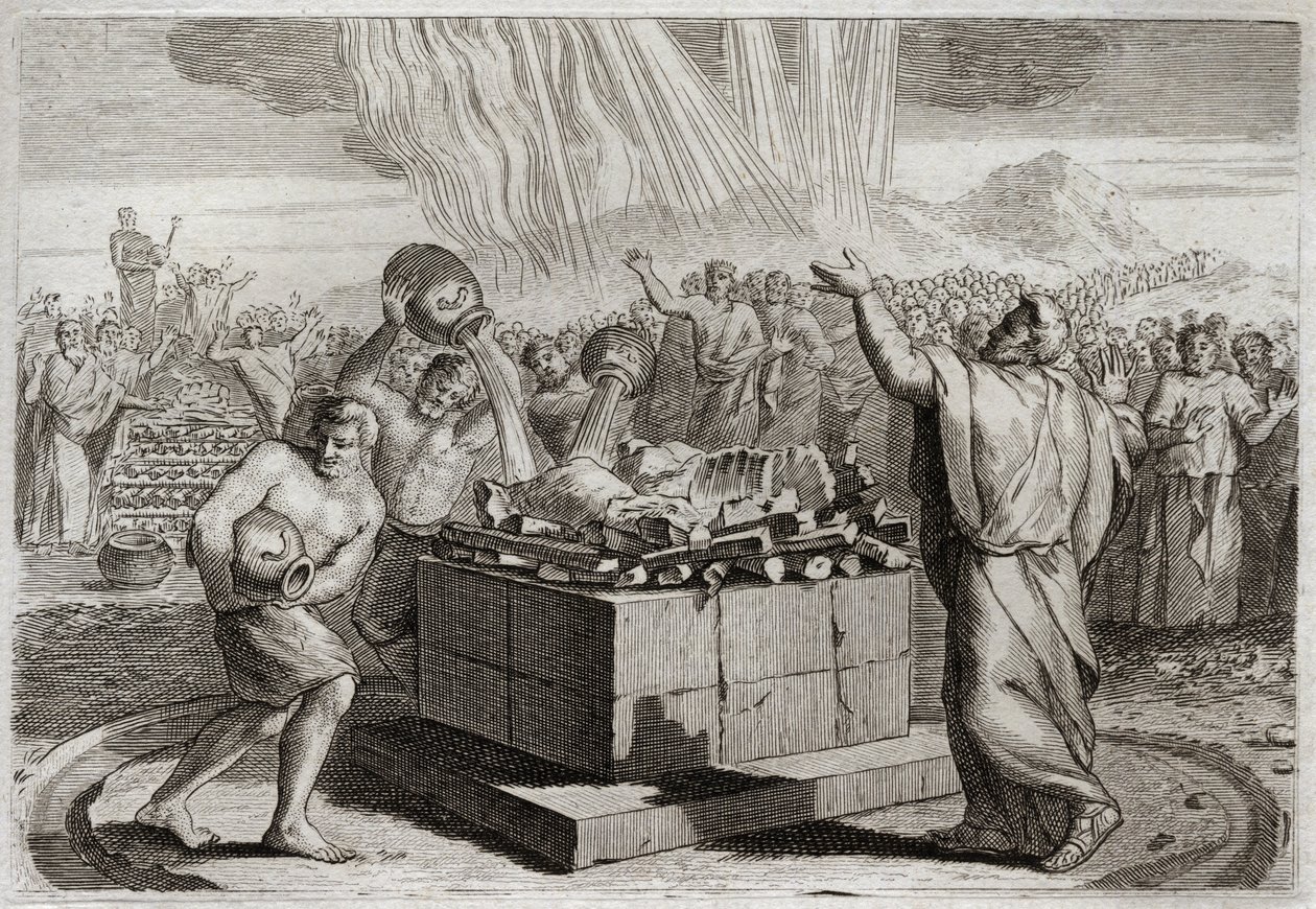 Royaumont Biblia, Ószövetség: Illés áldozata. És megismertette az igaz Istent a tűz csodájával, amely az égből szállt alá az ő áldozatára, és megparancsolta a népnek, hogy öljék meg a Baál bálványának négyszázötven papját. Illusztrált alkotó: Unknown artist