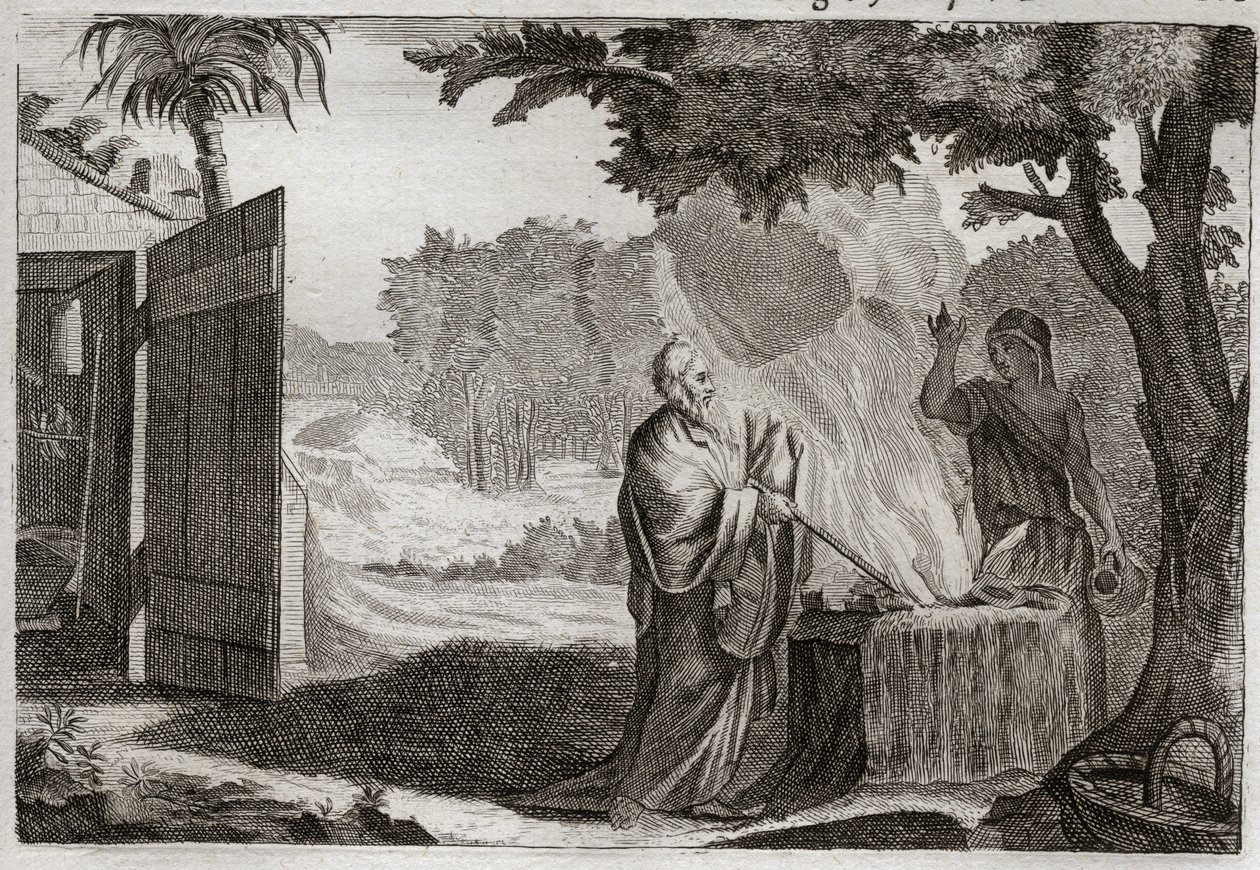 Royaumont Biblia, Ószövetség: Gedeon áldozata. Gedeont (Gideont) hívta el Isten, hogy vegye el a zsidókat ellenségeiktől. Kövön mutat be áldozatot, amelyből tűz jön ki, amely megemészti. Illusztráció 1811-ből. alkotó: Unknown artist