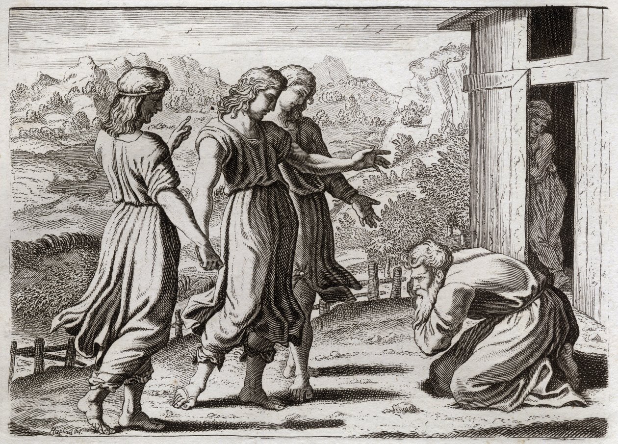 Royaumont-i Biblia, Ószövetség: Sara megcsalja Izsákot. Ábrahám három angyalt fogad, akik megígérik Sárának (Sárának), hogy egy év múlva fia lesz. Illusztráció 1811-ből. alkotó: Unknown artist
