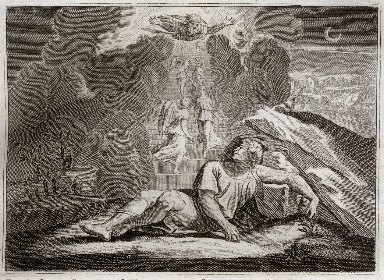 Royaumont Biblia, Ószövetség: Jákob mérlege. Jákob Ézsau haragja elől menekül, titokzatos létrán alszik. Illusztráció 1811-ből. alkotó: Unknown artist