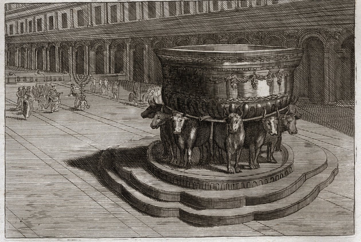 Royaumont Biblia, Ószövetség: Réztenger. Az öntöttvas rendszerint réztengernek nevezi, hogy megmossa a papok lábát és kezét, amikor belépnek a templomba. Illusztráció 1811-ből. alkotó: Unknown artist