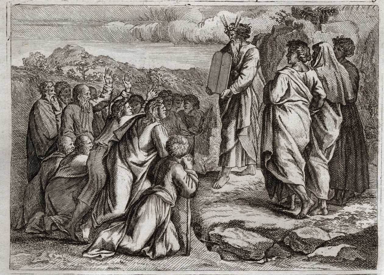 Royaumont Biblia, Ószövetség: A törvény második táblázatai. Isten más táblázatokat is ad Mózesnek (Tízparancsolat), amelyeket az emberek tisztelettel fogadnak. Illusztráció 1811-ből. alkotó: Unknown artist
