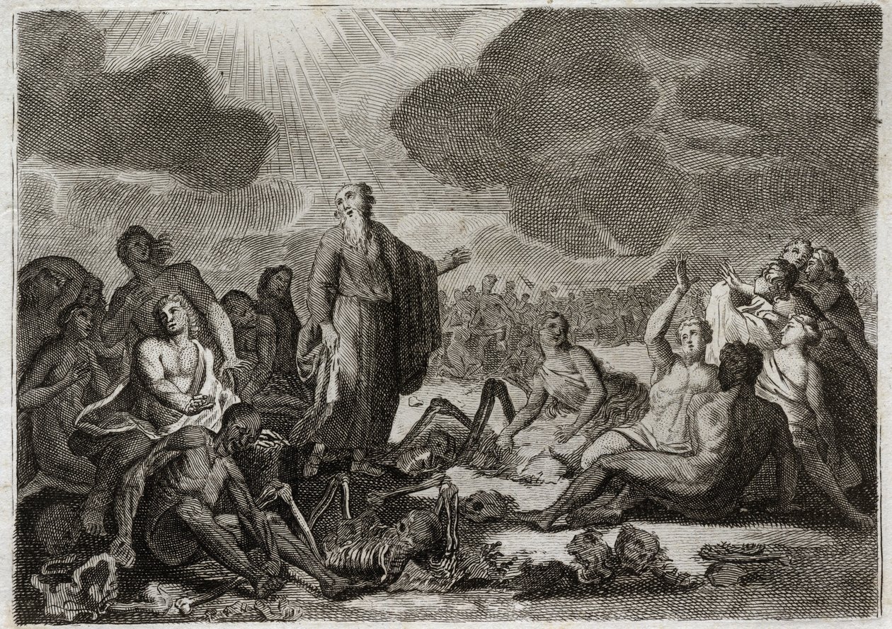 Royaumont Biblia, Ószövetség: Ezékiel második látomása. Az a látomás, hogy Ezechiel prófétának több csontja volt, minden desszert emberi alakot öltött. Illusztráció 1811-ből. alkotó: Unknown artist