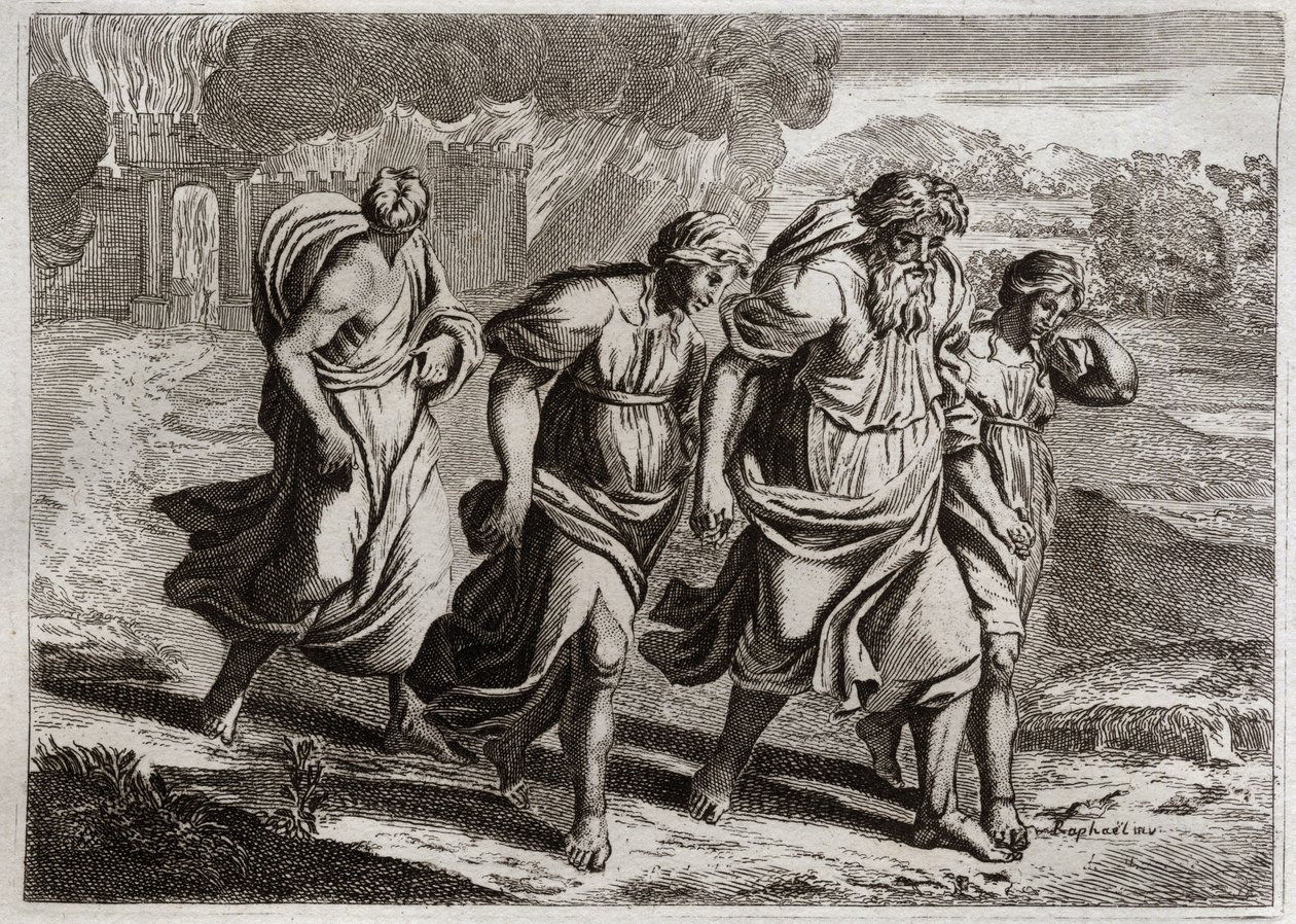 Royaumont Biblia, Ószövetség: Sodom brulee. Isten felbosszantja Szodoma utálatos bűneit, felgyújtja a többi szomszédos várossal együtt, tűzesővel és kénesővel, amelyet az égből éget el (Loth, lányai és felesége a városból menekülve). Illustr alkotó: Unknown artist
