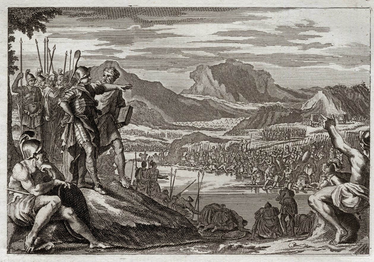 Royaumont Biblia, Ószövetség: Gedeon katonái. Isten megparancsolja Gedeonnak (Gideonnak), hogy vezesse minden csapatát a Jordán folyóhoz, és jelet ad neki, hogy felismerje azokat, akiket a midiániták elleni harcra használ. Illusztráció 1811-ből. alkotó: Unknown artist