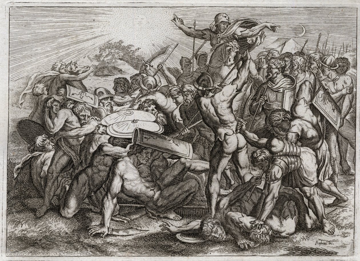 Royaumont Biblia, Ószövetség: Sun Stop. Joshua, aki üldözi amorita ellenségeit (amorritákat), megállítja a Napot, hogy több ideje legyen feloldani őket. Illusztráció 1811-ből. alkotó: Unknown artist