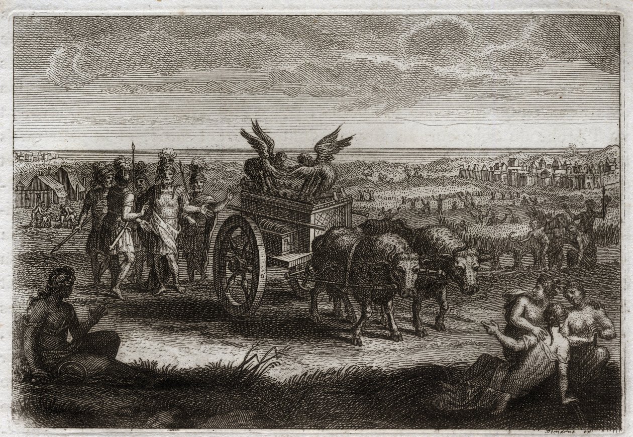 Royaumont Biblia, Ószövetség: A bárka visszatért. A filiszteusok visszaküldik a frigyládát Júdeába, hogy elkerüljék az általuk nap mint nap okozott rosszat. Illusztráció 1811-ből. alkotó: Unknown artist