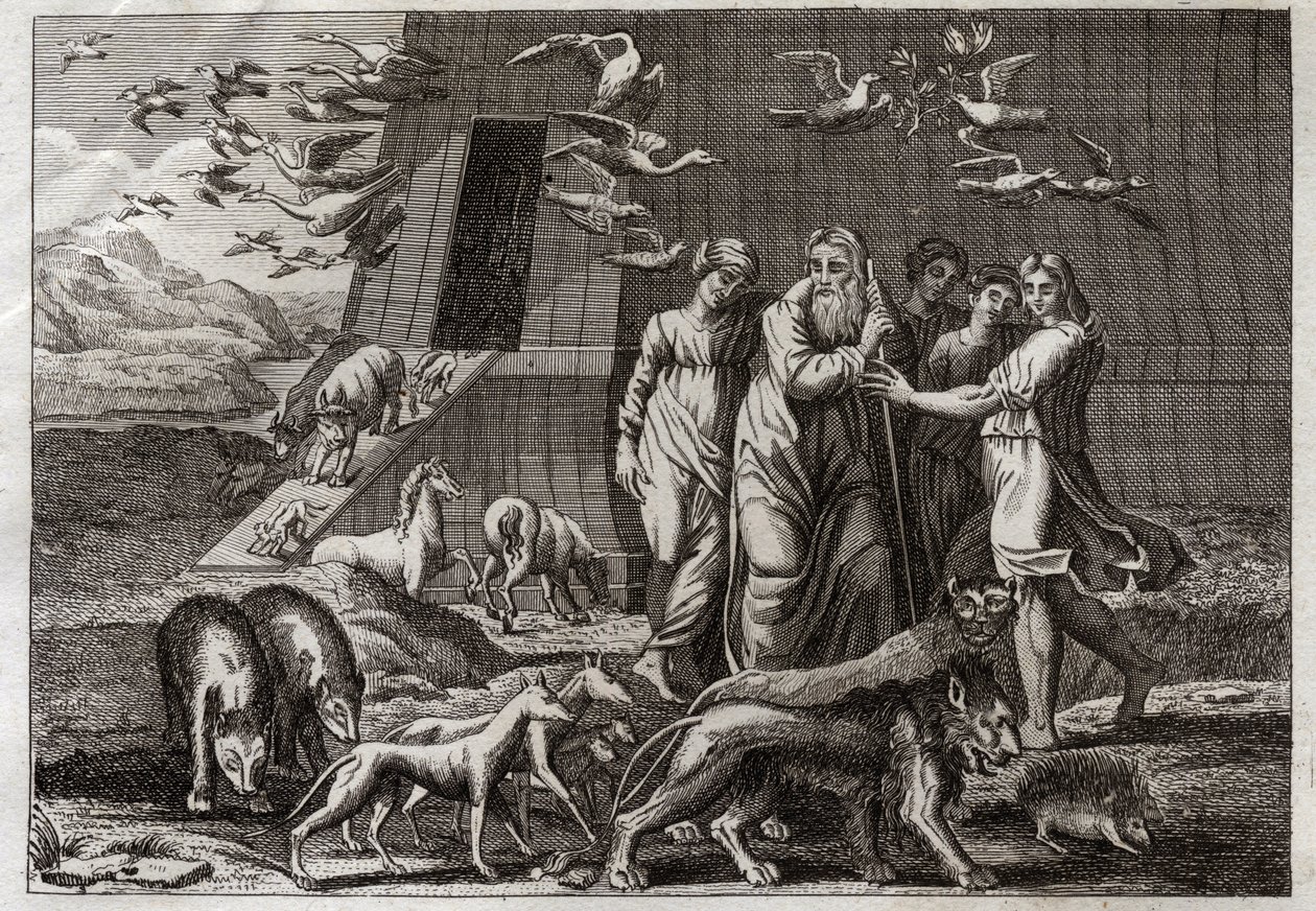 Royaumont Biblia, Ószövetség: A szivárvány. Noé elhagyja a bárkát, és áldozatot mutat be Istennek, aki kedvezően fogadja azt. Megígéri, hogy nem küld több özönvizet a földre. A szivárványt adja ennek az ígéretnek az igazságának jeléül. Illusztráció a 181-b alkotó: Unknown artist