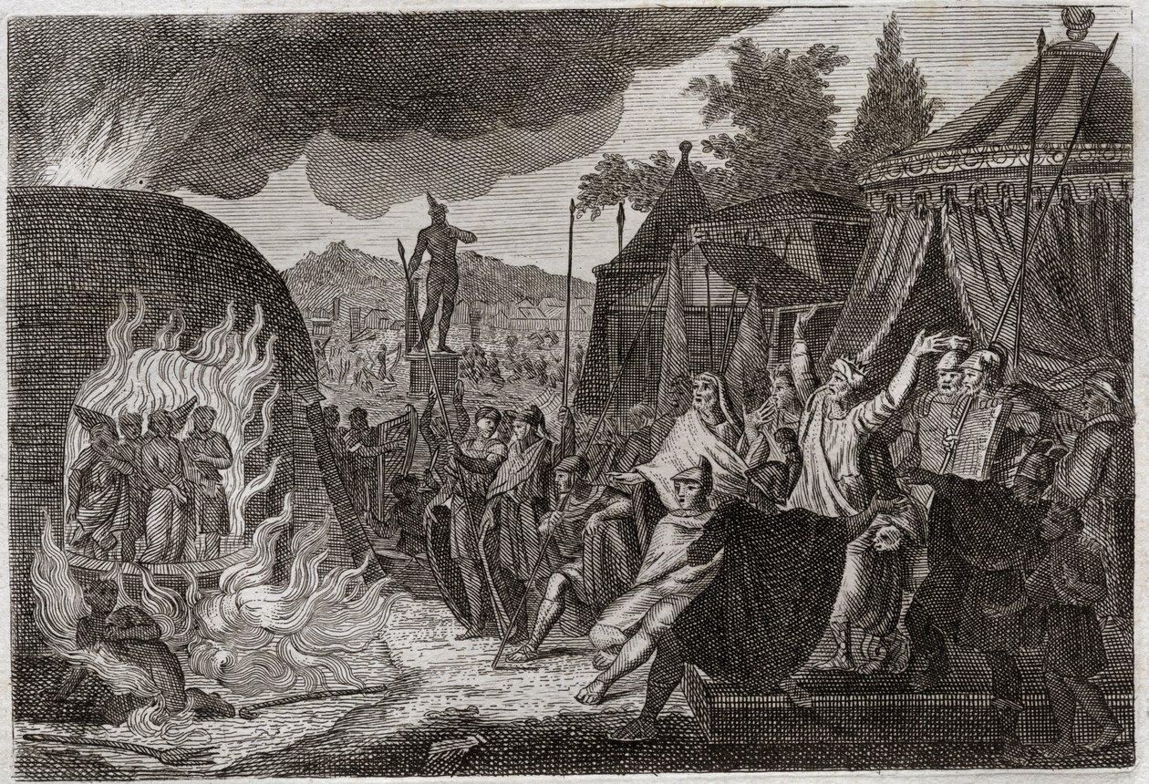 Royaumont Biblia, Ószövetség: Babilon három gyermeke a kemencében. II. Nabukodonozor király három héber fiatalembert dob egy égő kemencébe, ahonnan csodálatos módon kikerülnek. Anániásnak, Azariasnak és Misaelnek (vagy Shadracnak) hívják őket alkotó: Unknown artist