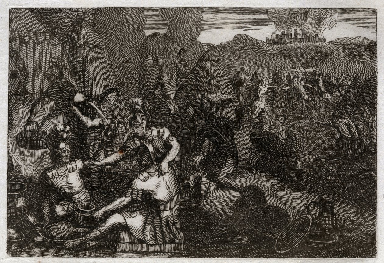 Royaumont Biblia, Ószövetség: Sicelág tolvajok. Néhány amáleki eljön, hogy Dávid távollétében kifosztja Siceleget. Dühösen fut, és elveszíti őket. Illusztráció 1811-ből. alkotó: Unknown artist