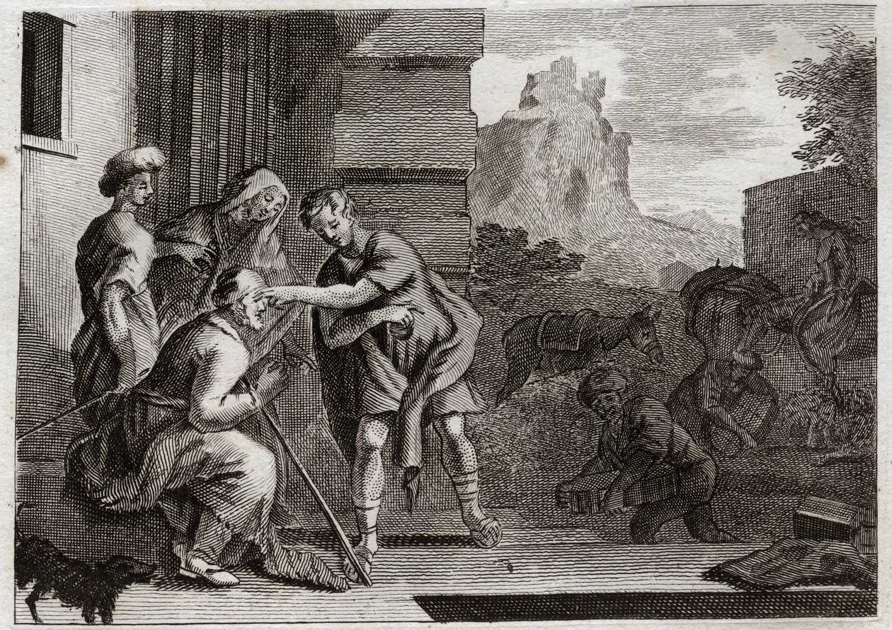 Royaumont Biblia, Ószövetség: Tóbia visszanyeri látását. Az ifjú Tobie úgy ajándékozza meg apját, hogy a szeme fölött áthúzza a halak tábláját, amelyet Rafael arkangyal tanácsára horgászott. Az Angyal megismerteti magát velük, majd eltűnik. Illusztrált alkotó: Unknown artist