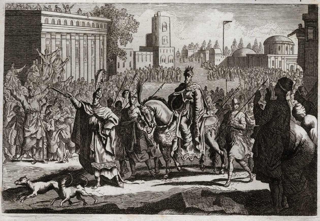 Royaumont Biblia, Ószövetség: Mardochee diadala. Ámánt (Hámánt) a király arra kényszeríti, hogy közölje ellensége Mardochee (vagy Mordekhai vagy Mordecai) győzelmét Susan (ismertebb nevén Susa) városában. Illusztráció 1811-ből. alkotó: Unknown artist