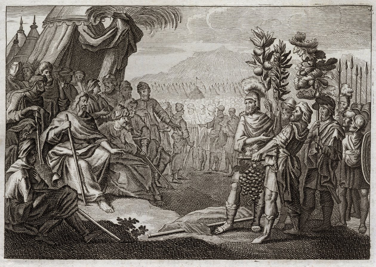 Royaumont bibliája, Ószövetség: Tizenkét kém. Mózes tizenkét kémet küldött, hogy ismerjék el Kánaán földjét (Ígéret Földje). Suttogtatják az embereket, és Isten, hogy ezzel a zúgolódással megbüntesse őket, biztosítja őket, hogy soha nem lépnek be erre a fö alkotó: Unknown artist