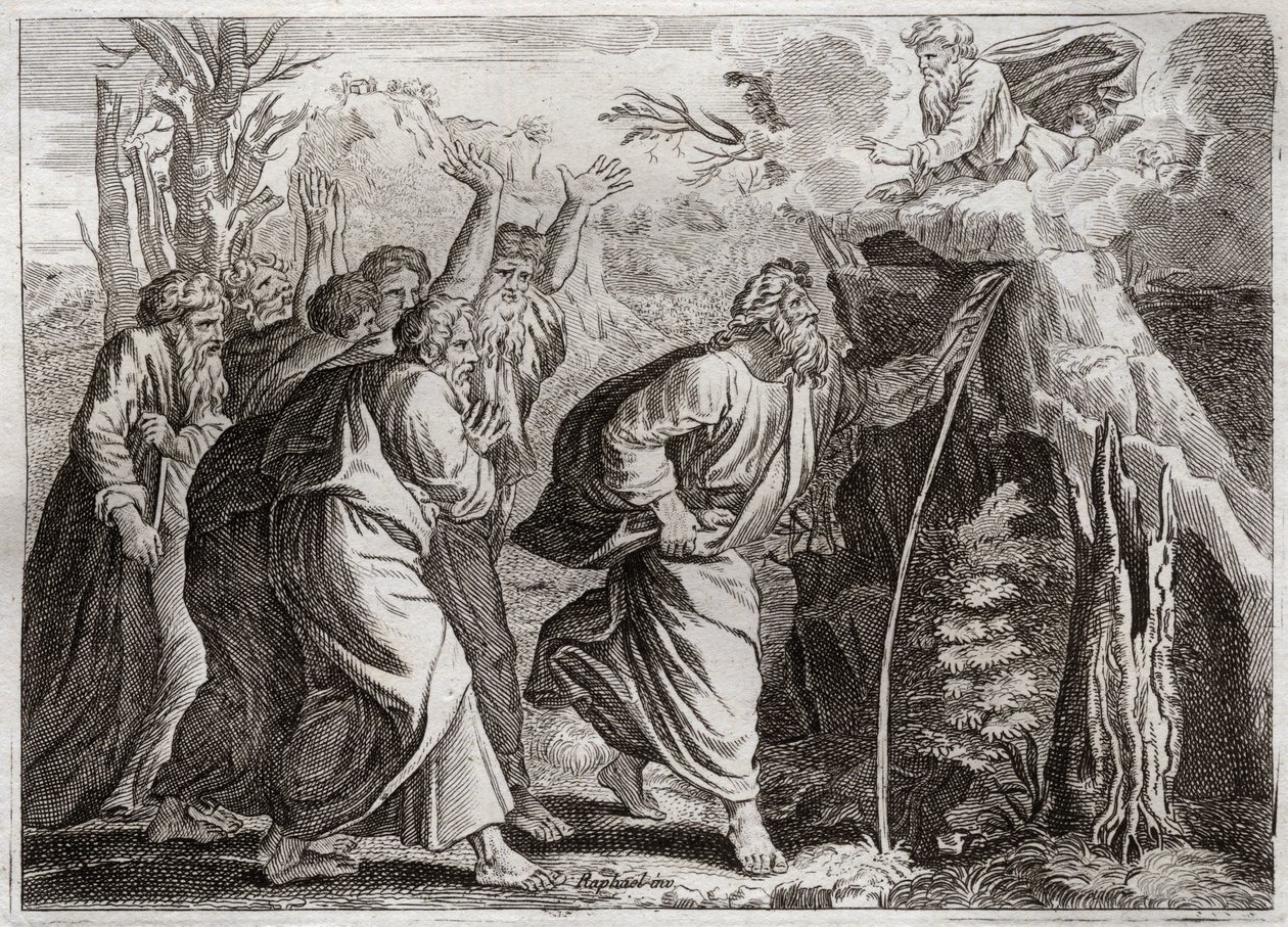 Royaumont Biblia, Ószövetség: Víz a sziklából. Mózes vizet hoz ki a sziklából, és inni ad Izráel népének. Illusztráció 1811-ből. alkotó: Unknown artist