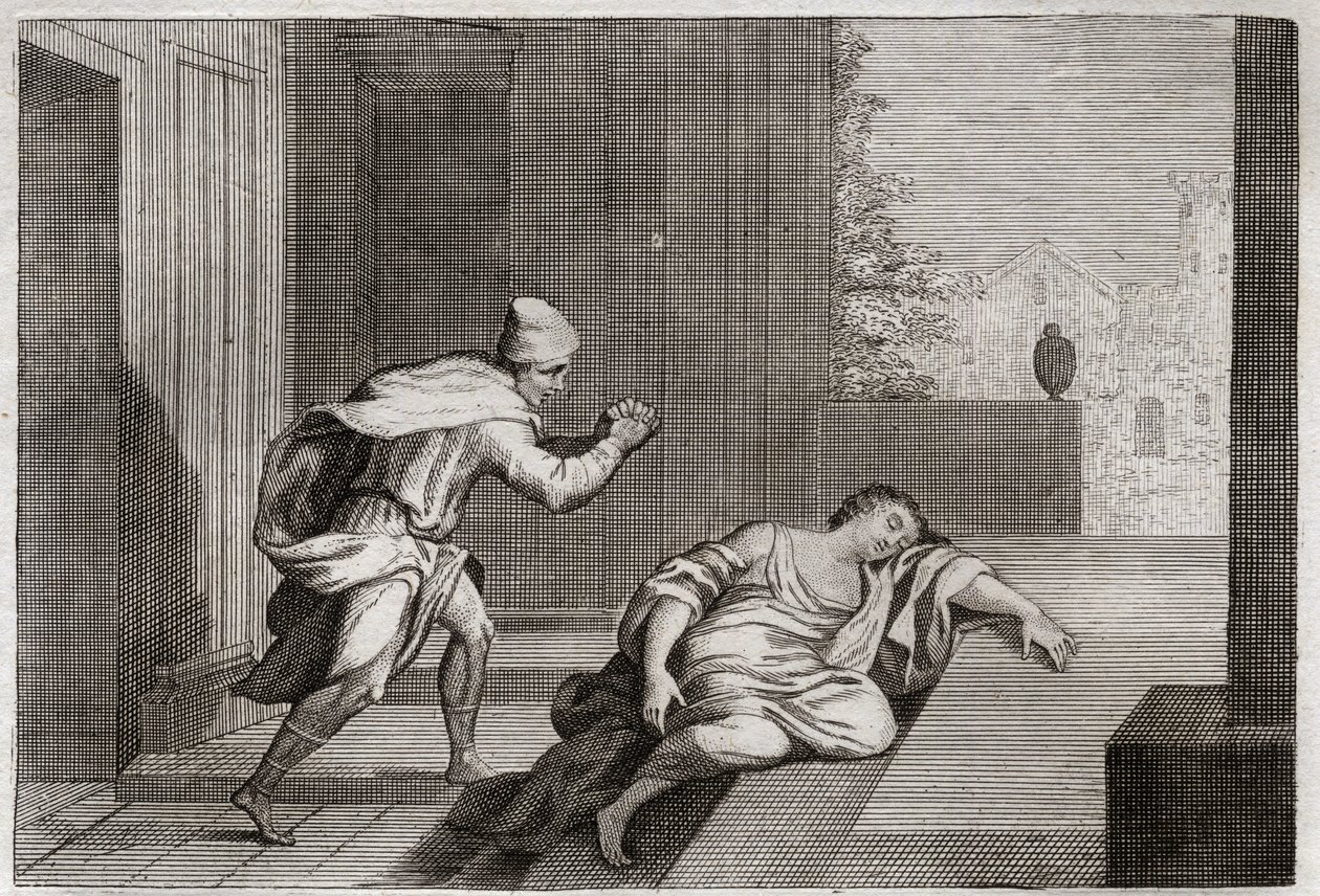 Royaumont bibliája, Ószövetség: A felháborodott lévita asszonya. Levita feleségét holtan találták az ajtóban, miután gengszterek bántalmazták. Illusztráció 1811-ből. alkotó: Unknown artist