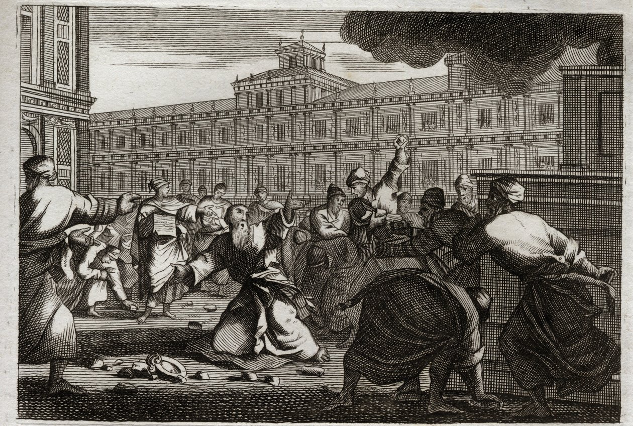 Royaumont Biblia, Ószövetség:, Zakariást megkövezték. Zakariást, a főpapot Joás (Jehoás), Júda királyának parancsára megkövezték, mert elvette őt a rendeitől. Illusztráció 1811-ből. alkotó: Unknown artist