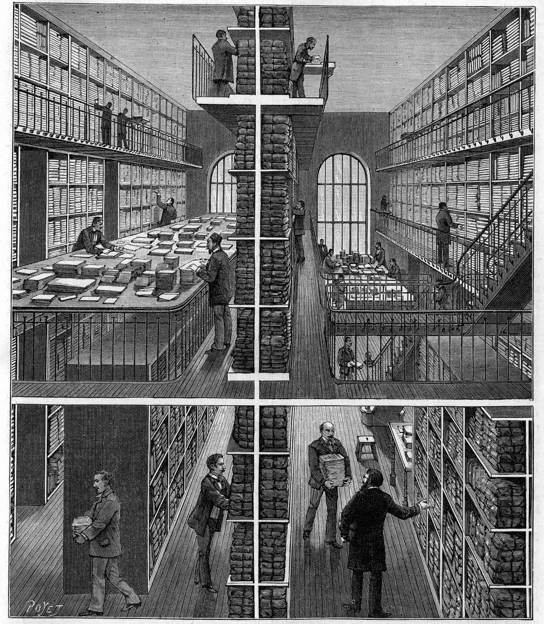 Bibliotheque Nationale Párizsban: folyóiratkezelő és irattári helyiség a Bureau des Entrees-ben. Metszet a „természetbe”: 1893. június 17-i tudományok és alkalmazásuk művészetben és iparban való áttekintése. alkotó: Unknown artist