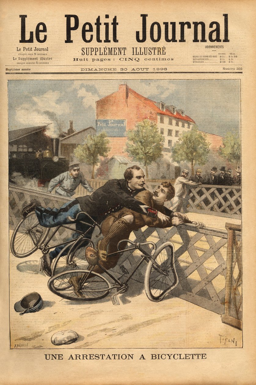 Kerékpár-letartóztatás Champigny közelében. Metszet a „” Le petit Journal”-ban 1896.08.30. Selva gyűjteménye. alkotó: Unknown artist
