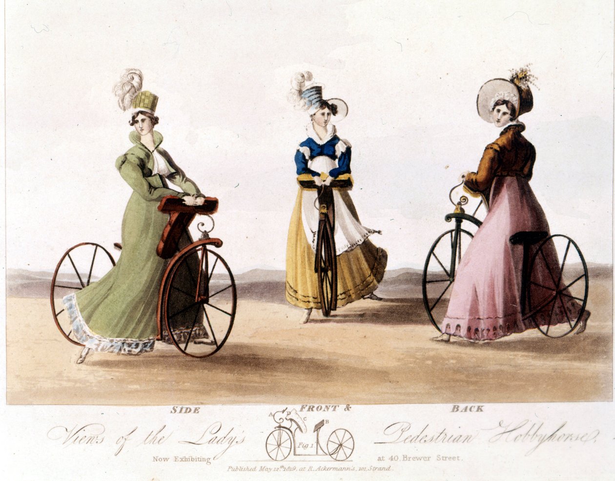 Női kerékpár elölről, oldalról és hátulról. Ez a báró von Drais által feltalált modell: a Draisienne. Fából volt és még nem volt pedál. 1819-es színes litográfia. alkotó: Unknown artist