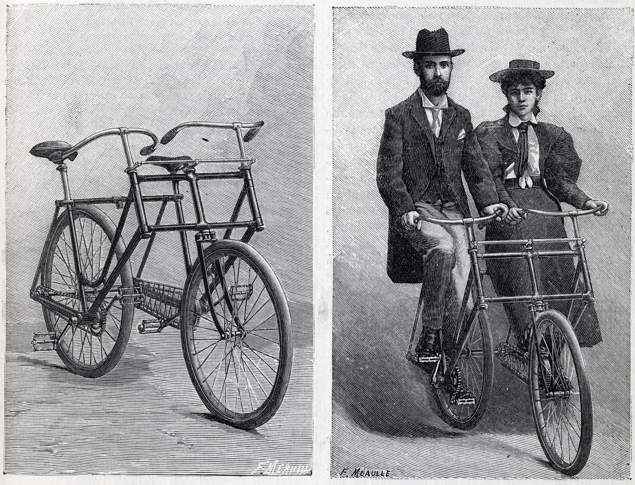 A kerékpár két üléssel rendelkezik a „Punnett Cycle” gyártótól, kerékpárosok nélkül és kerékpárral. Metszet a "" La Nature"-be alkotó: Unknown artist